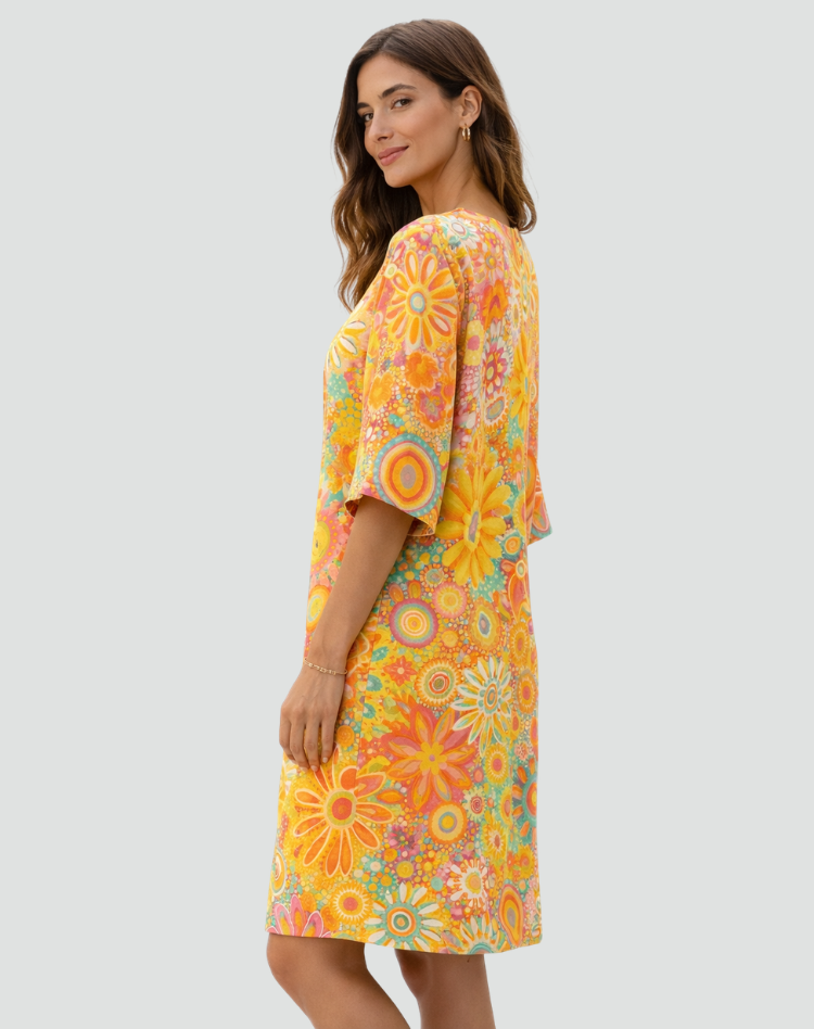 Retro Tunic Dress with Floral Print and V-Neck for Women