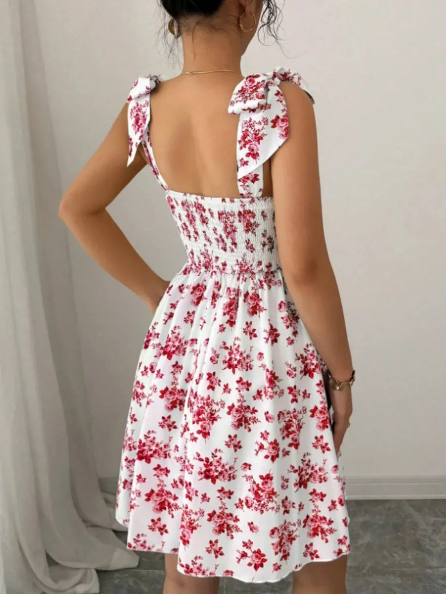 Waist V-neck Bandage Camisoles Printed Vacation And Leisure Mini&Short Dresses
