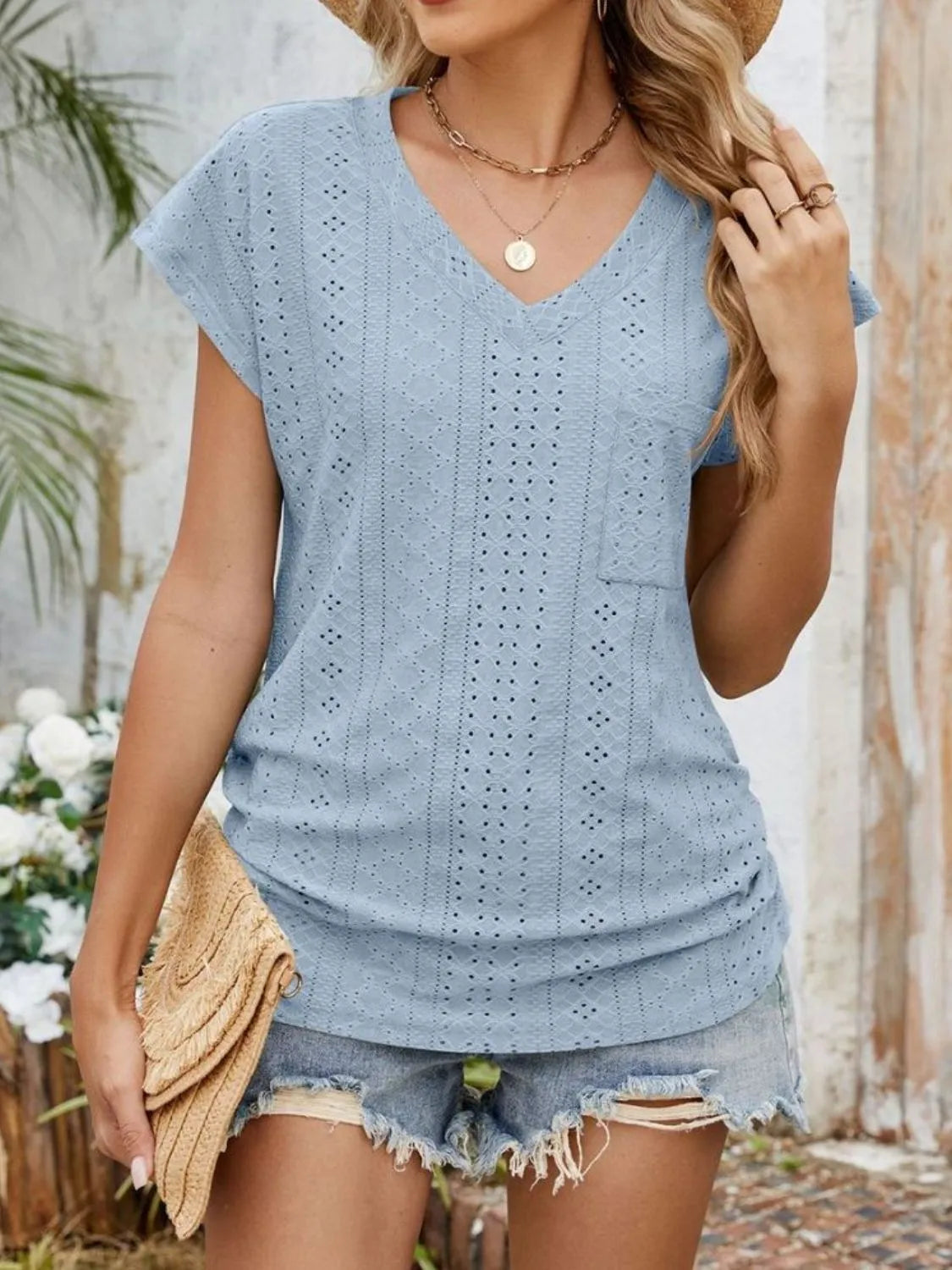 Blouse Top Casual Comfy Slight Stretch Eyelet Boho Chic