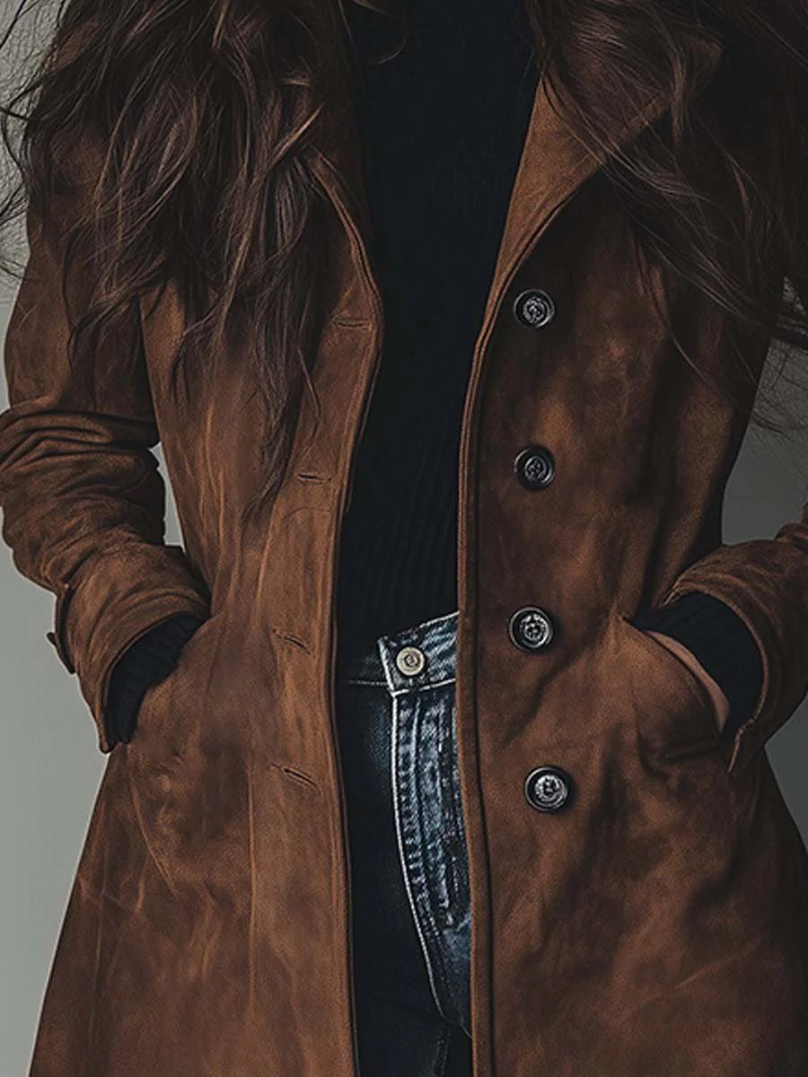 Women's Fitted Long Suede-Look Coat with Button Closure