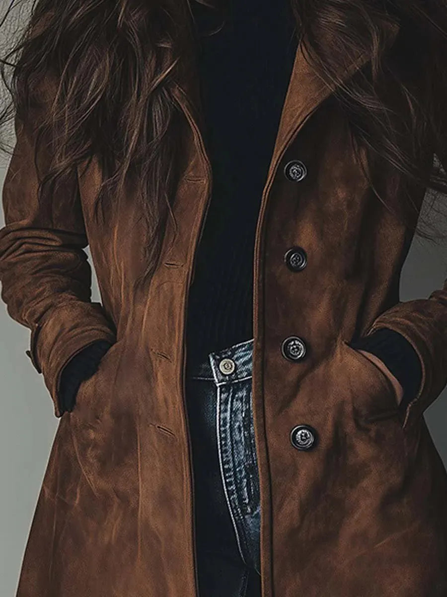 Haley Suede Tailored Button Front Long Coat