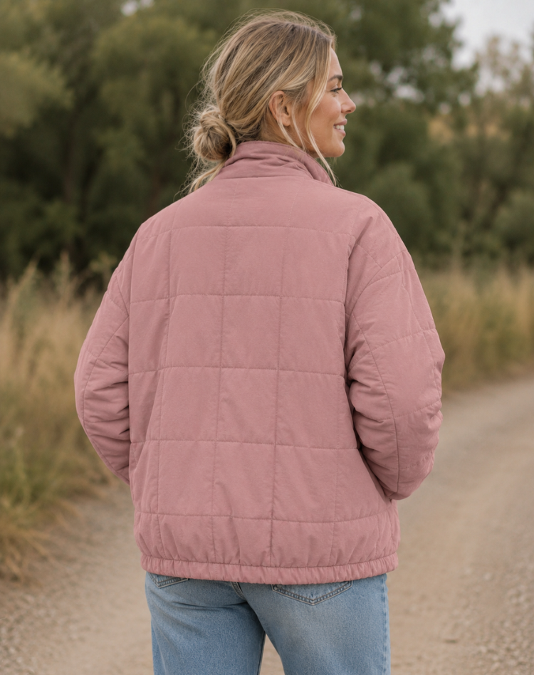 Quilted Bomber Jacket with Zip Closure and Slip Pockets