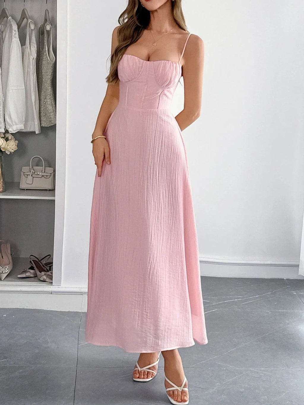 Cami Dress Ruched Backless Tied Partially Lined Casual