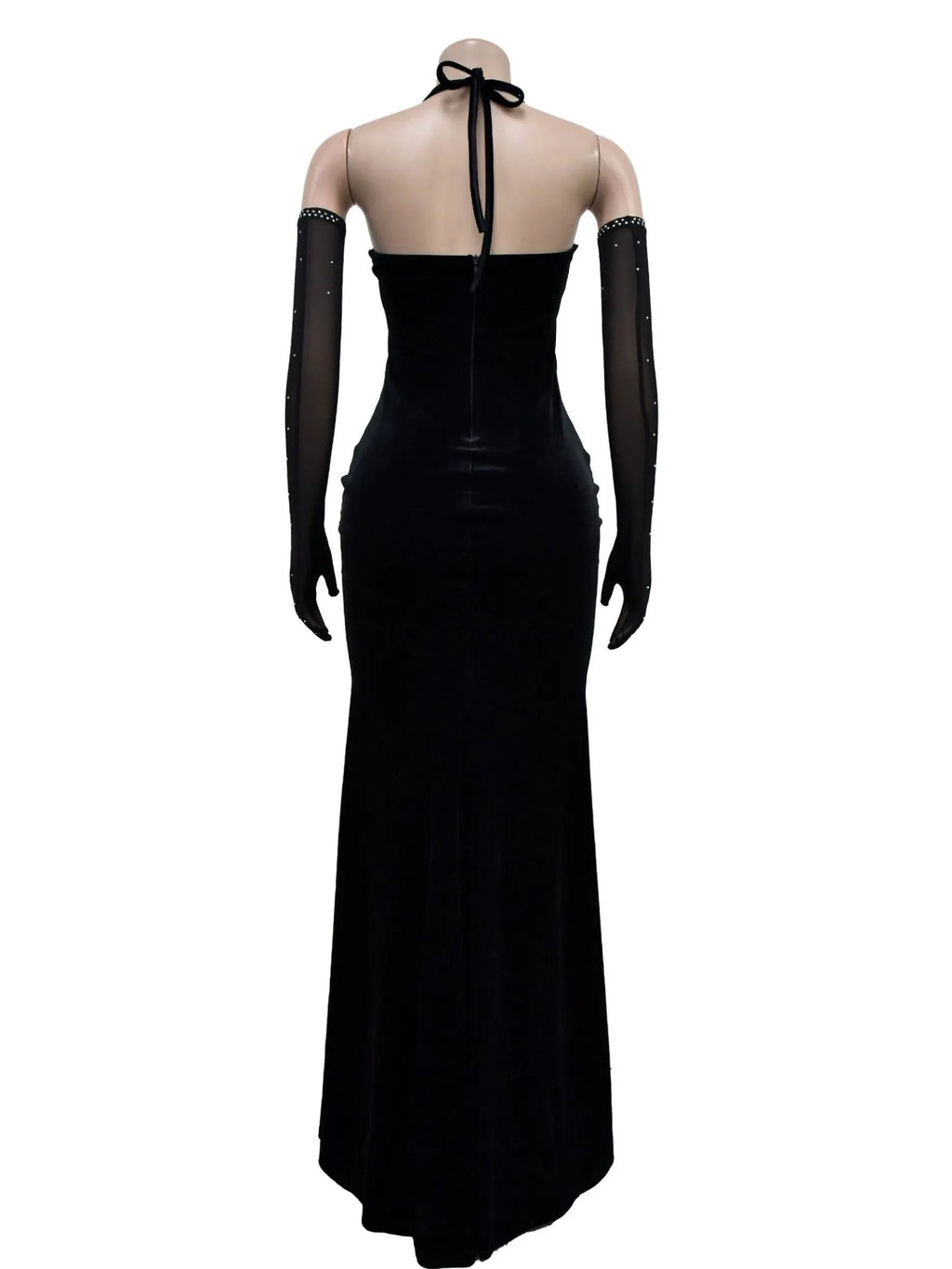 Lace And Velvet Patchwork Rhinestone-studded Evening Gown Mesh See-through Halter Neck Slit Maxi Dresses
