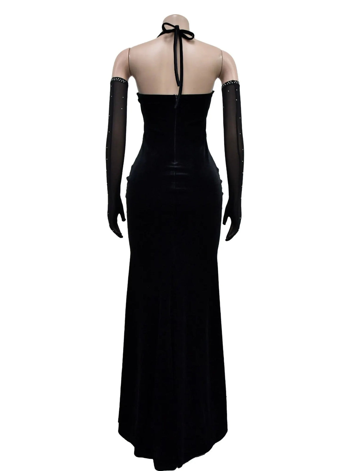 Lace And Velvet Patchwork Rhinestone-studded Evening Gown Mesh See-through Halter Neck Slit Maxi Dresses
