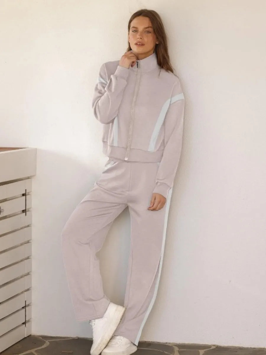 Long Sleeve Coat Stripes Splicing Sports Straight-leg Pants 2-piece Sets