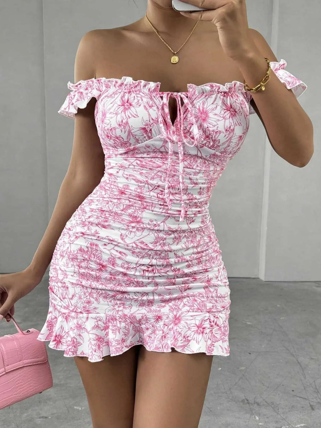 Floral Print Ruffle Off-shoulder Waist Shaping Mini&Short Dresses