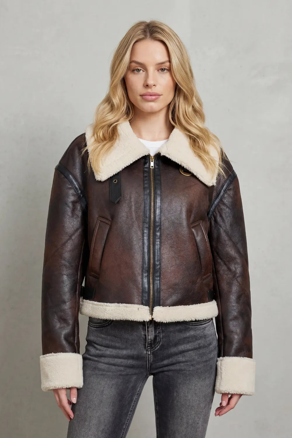 Magen Shearling Trim Cropped Aviator Jacket