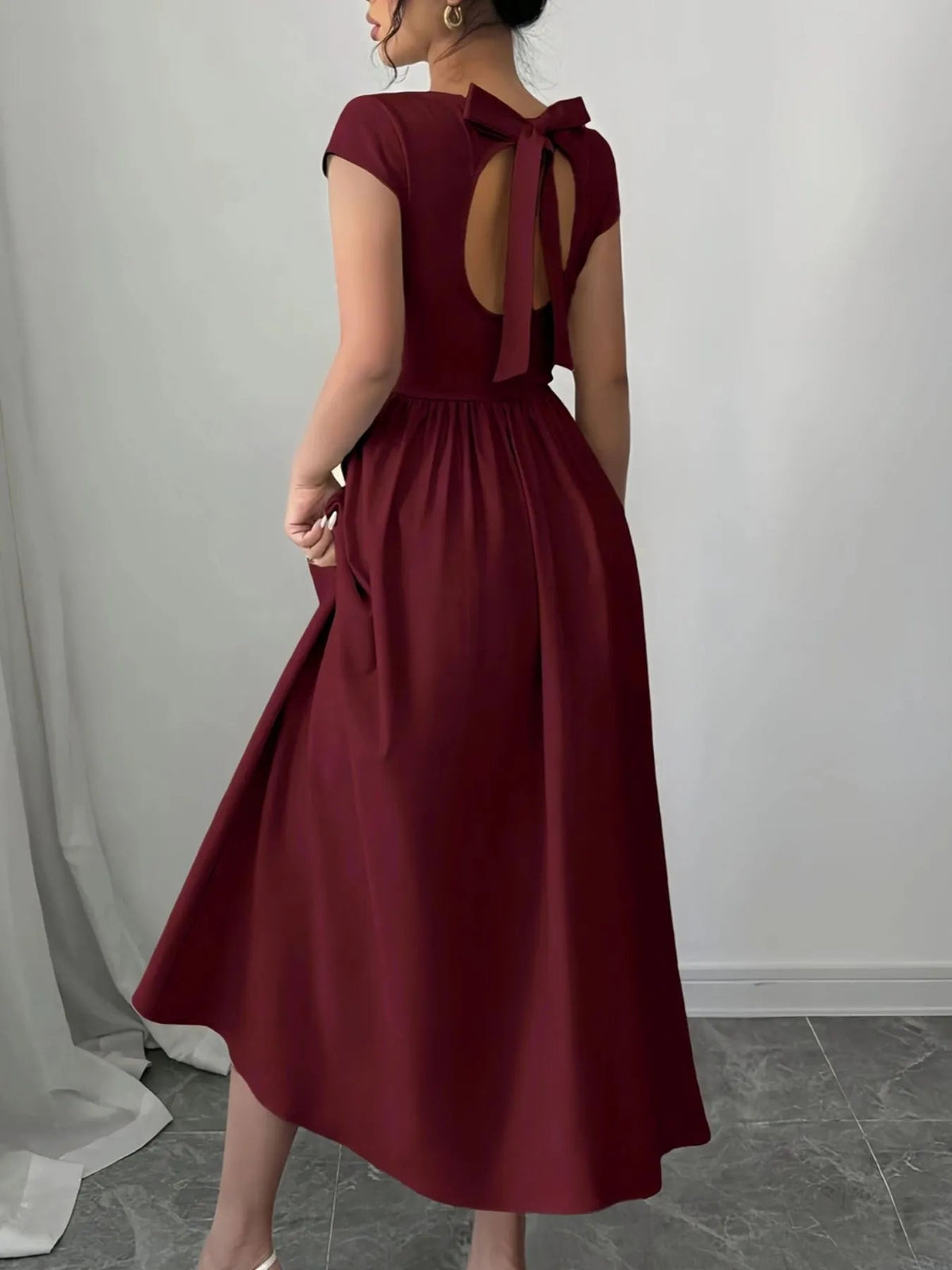 Dress Statement Cutout Cap Sleeve Elegant Bow Detail