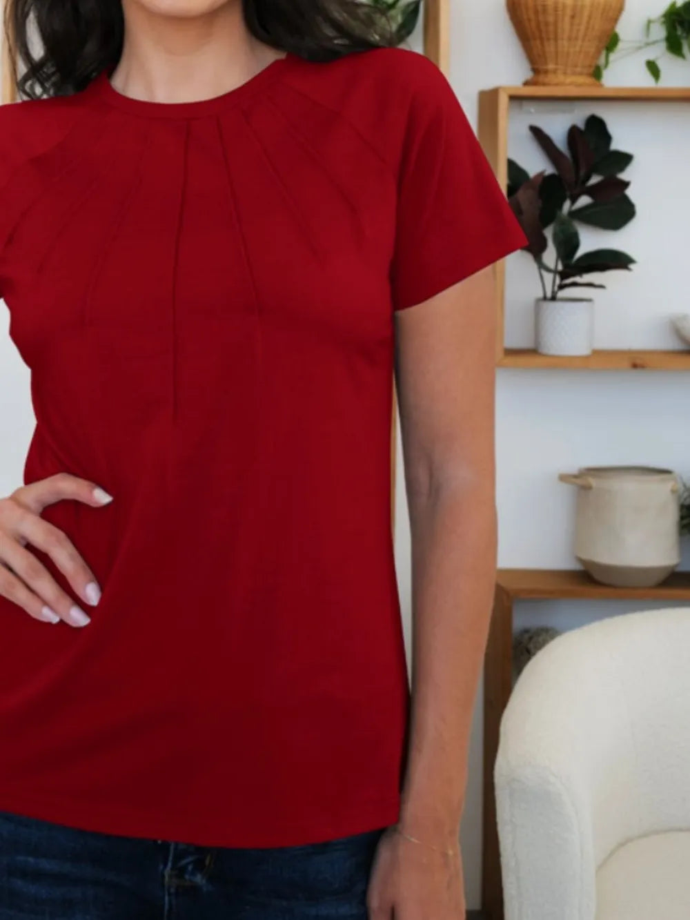 T-Shirt Basic Casual Chic Pleated Slightly Stretchy