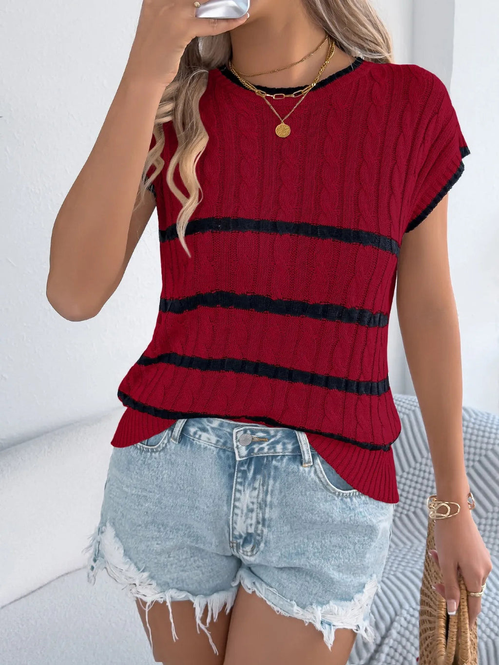 Top Cable Knit Striped Sweater Vest Casual Versatile