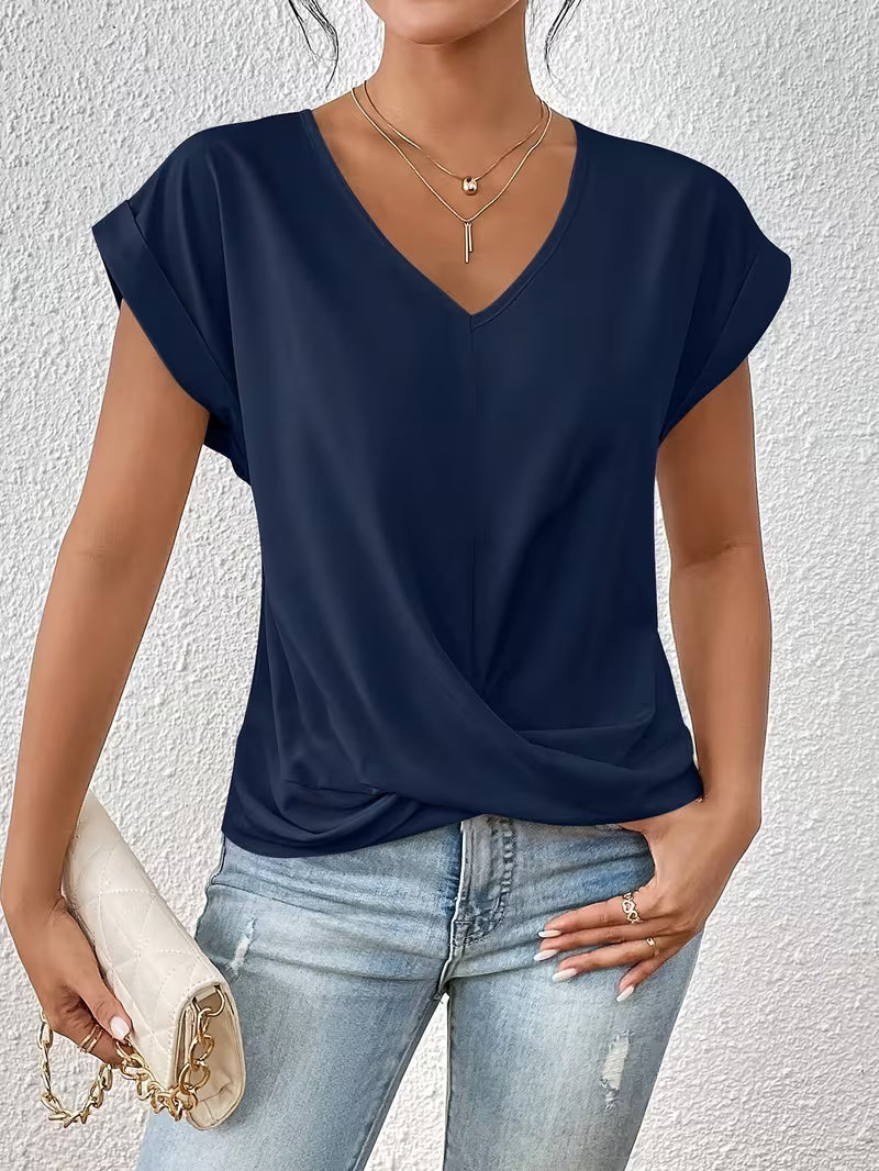 Breathable Elegant Women's Top with V-Neck and Twisted Detail