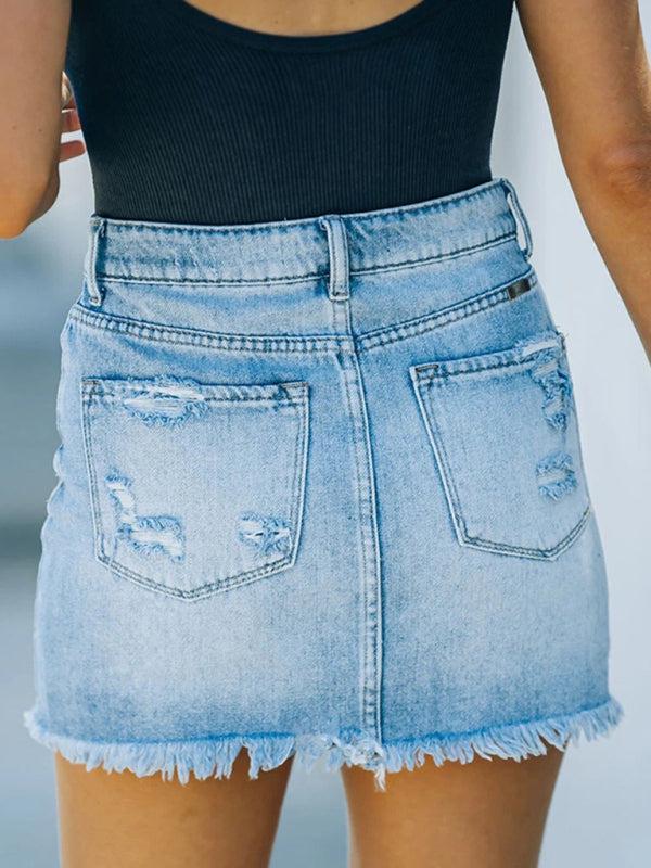 Women's Edgy Denim Mini Skirt with Frayed Hem and Rips