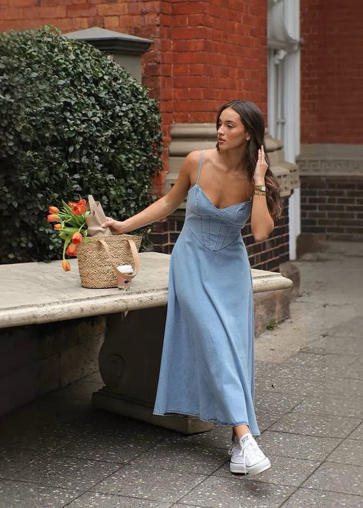 Sunday Corset Denim Dress – Light Blue Fit-and-Flare Midi