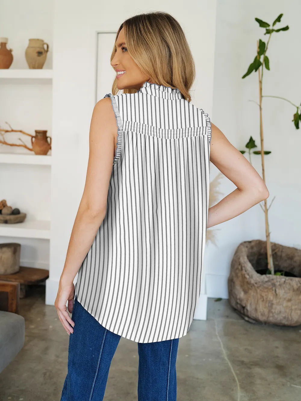 Blouse Top Casual Chic Striped Mock Neck Flowy Elegant