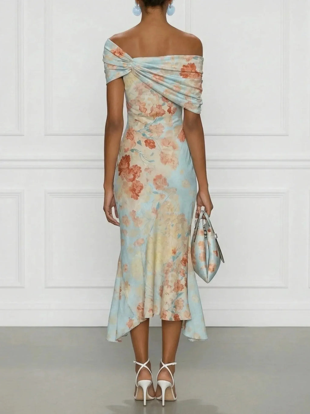Floral Print Off-shoulder Short-sleeved Long Dress