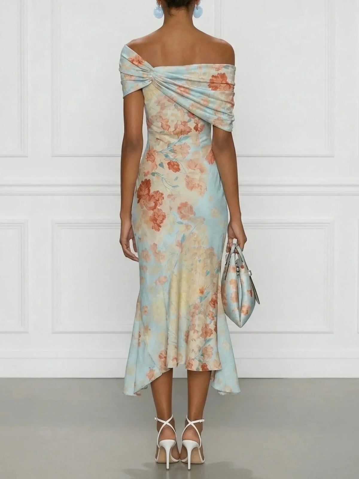 Floral Print Off-shoulder Short-sleeved Long Dress