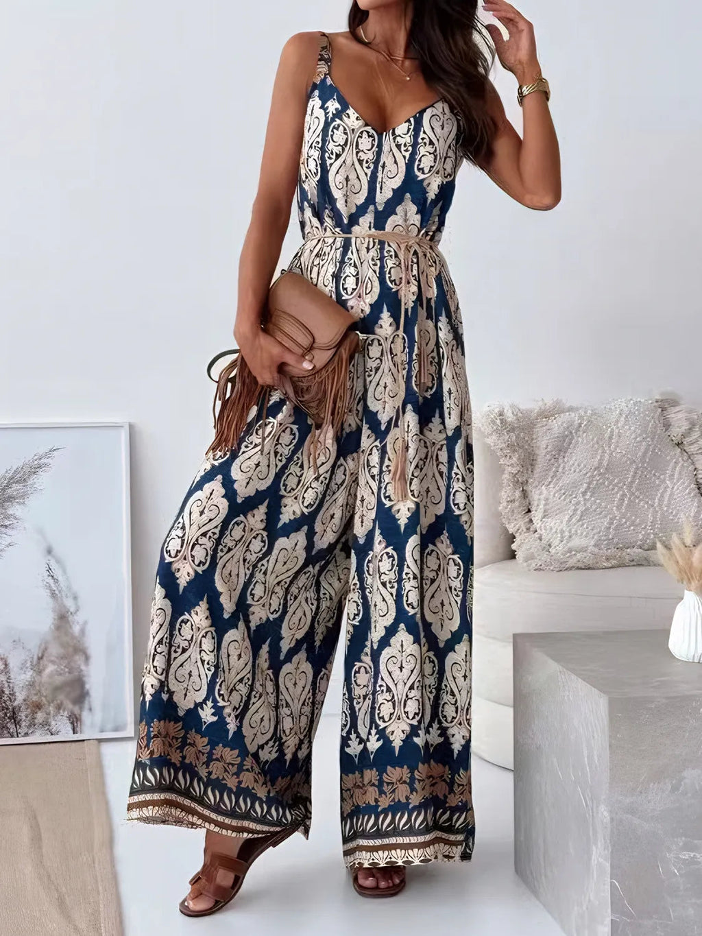 Boho V-Neck Wide Leg Jumpsuit