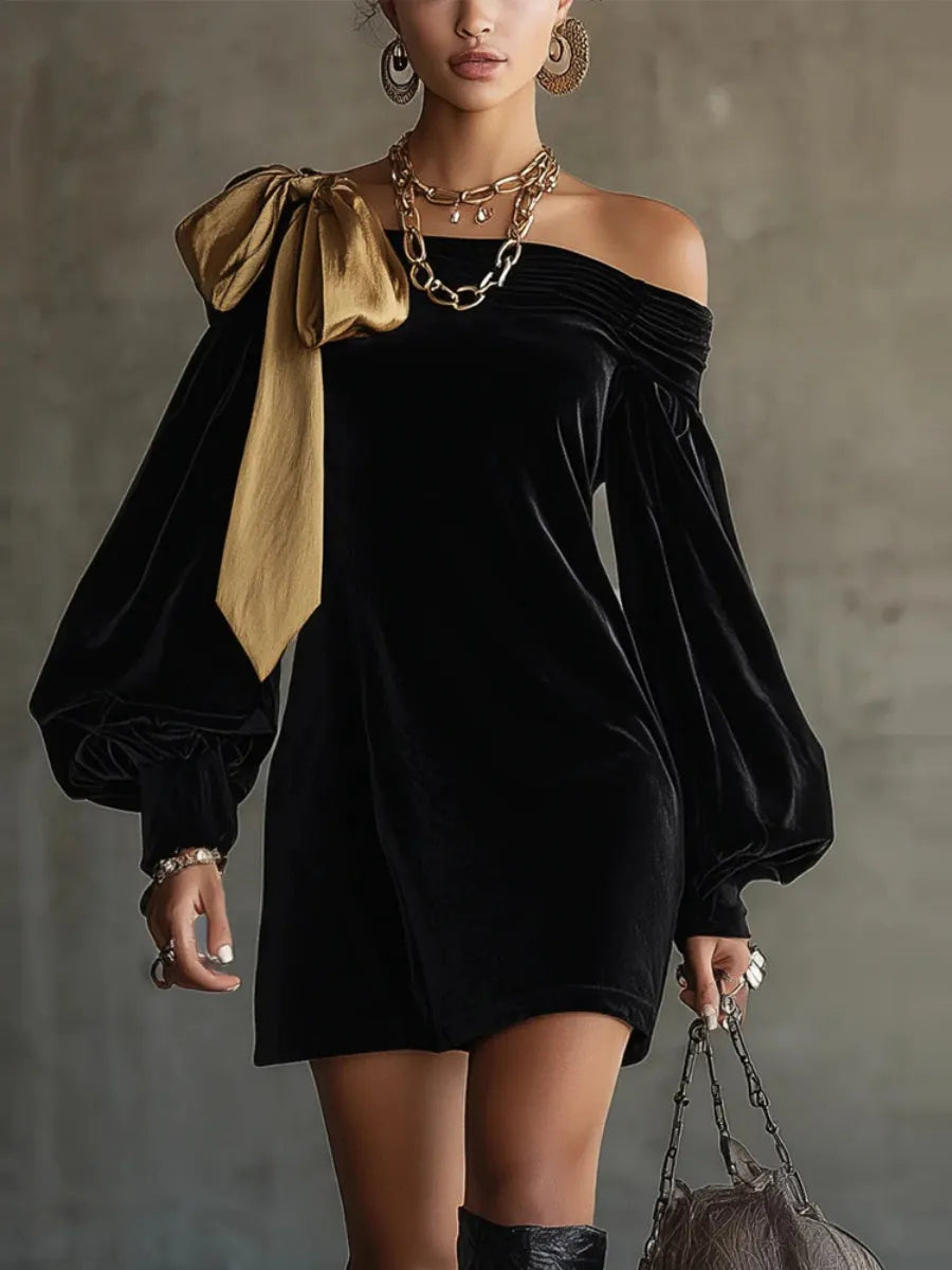 Off-shoulder Balloon Sleeve Bow Banquet Mini&Short Dresses