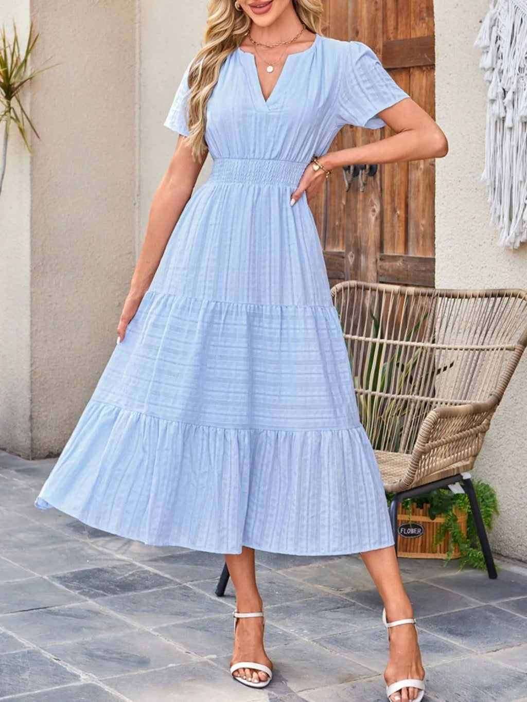 Midi Dress Chic Unlined Comfort Tiered Pocketed Casual