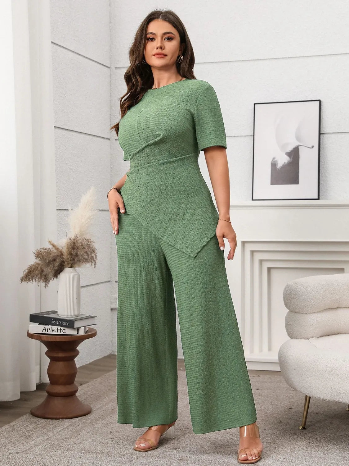 Outfit Set Plus Size Asymmetrical Top and Wide-Leg Pants