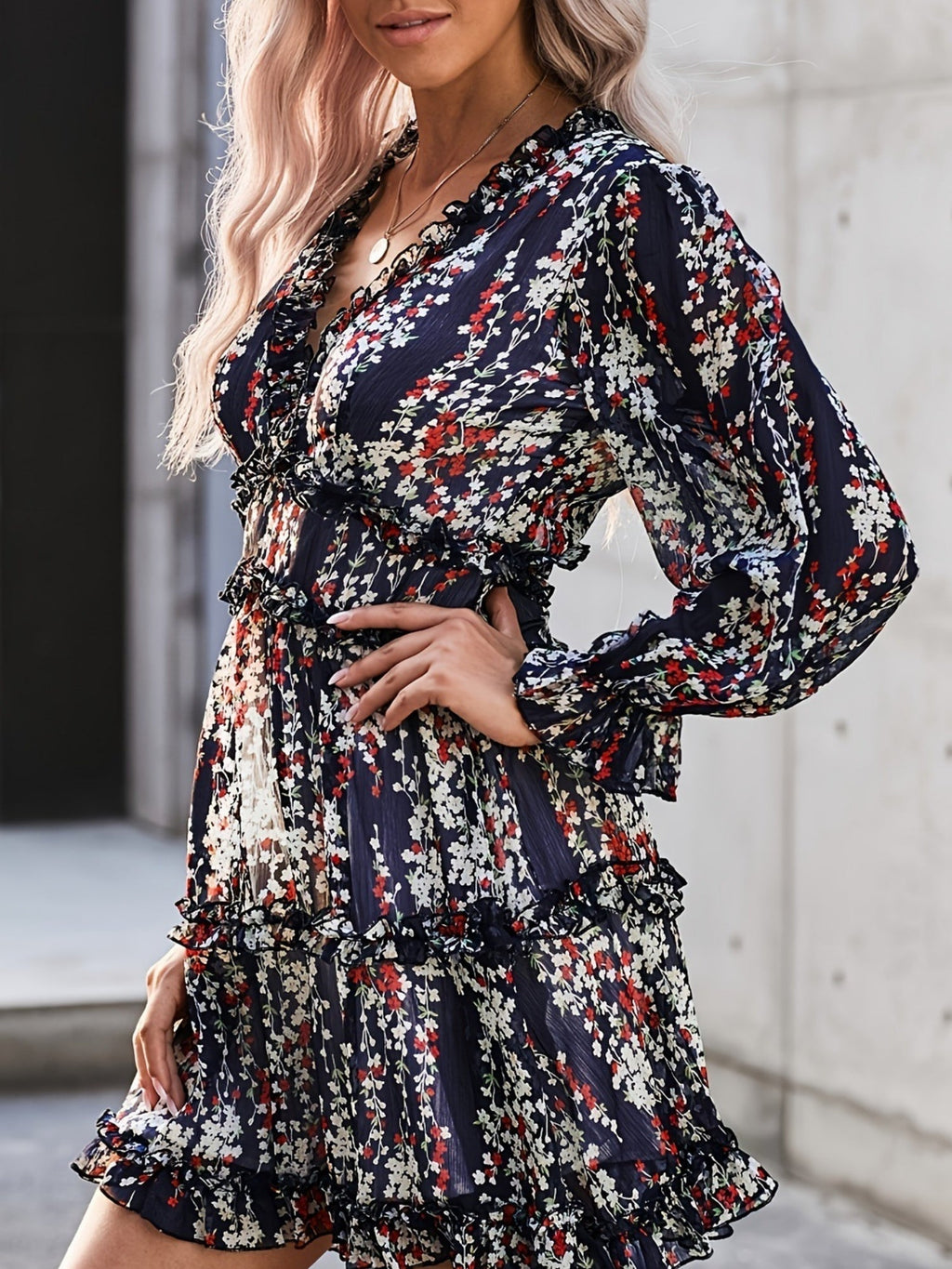 Floral Lace Deep V-neck Waist Puff Sleeve Sweet Mini&Short Dresses