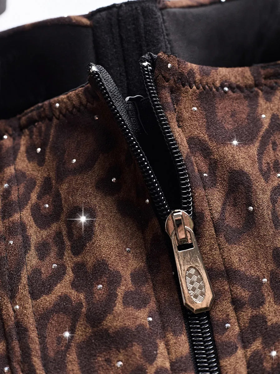 Rhinestone-studded Body Shaping Fish Bones Leopard Print Camisoles