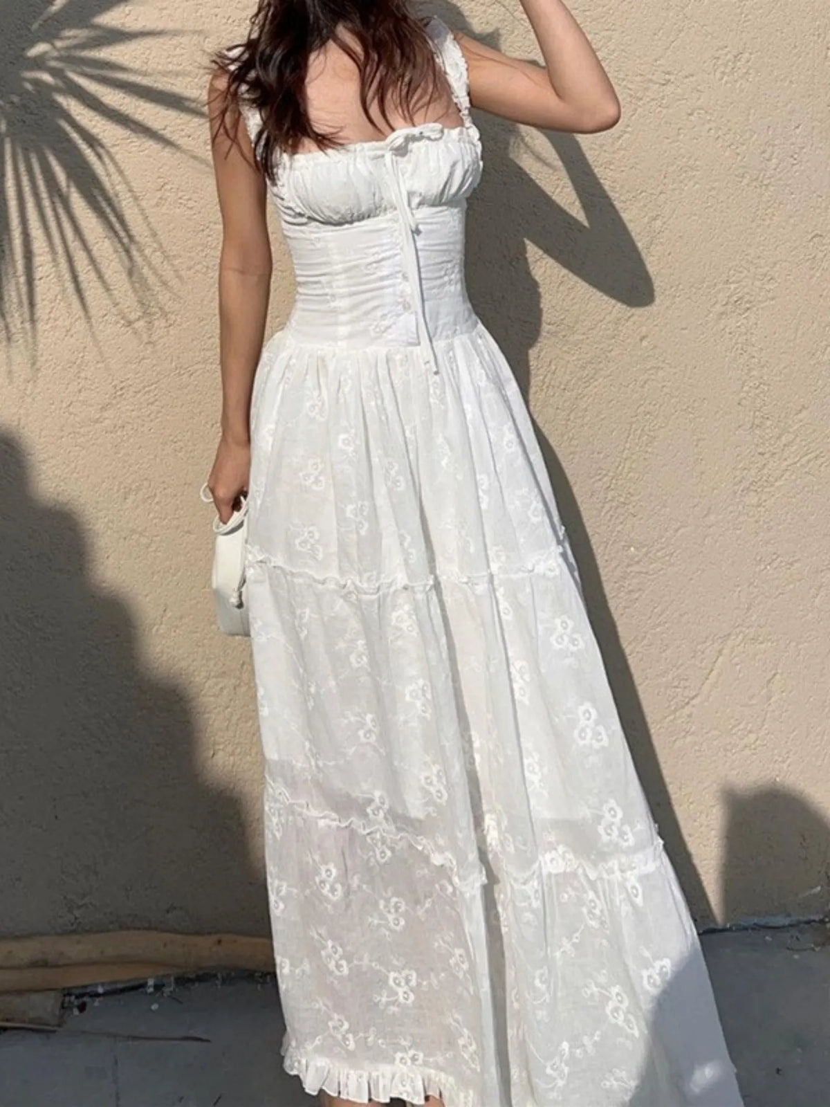 Lace Jacquard Square Neck Suspenders Sweet Tie Maxi Dresses