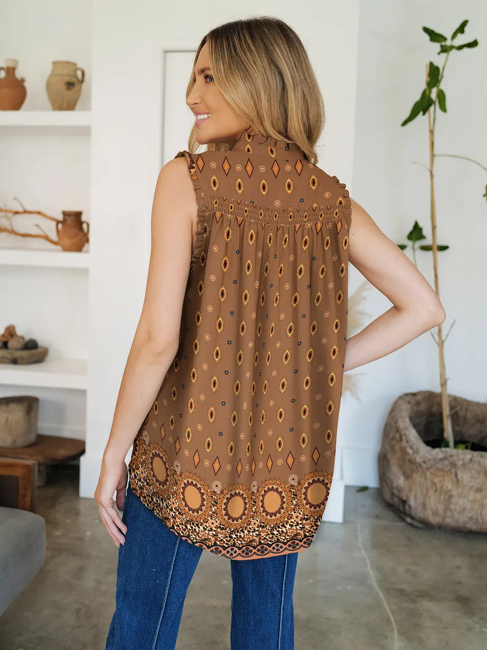 Blouse Top Casual Chic Striped Mock Neck Flowy Elegant