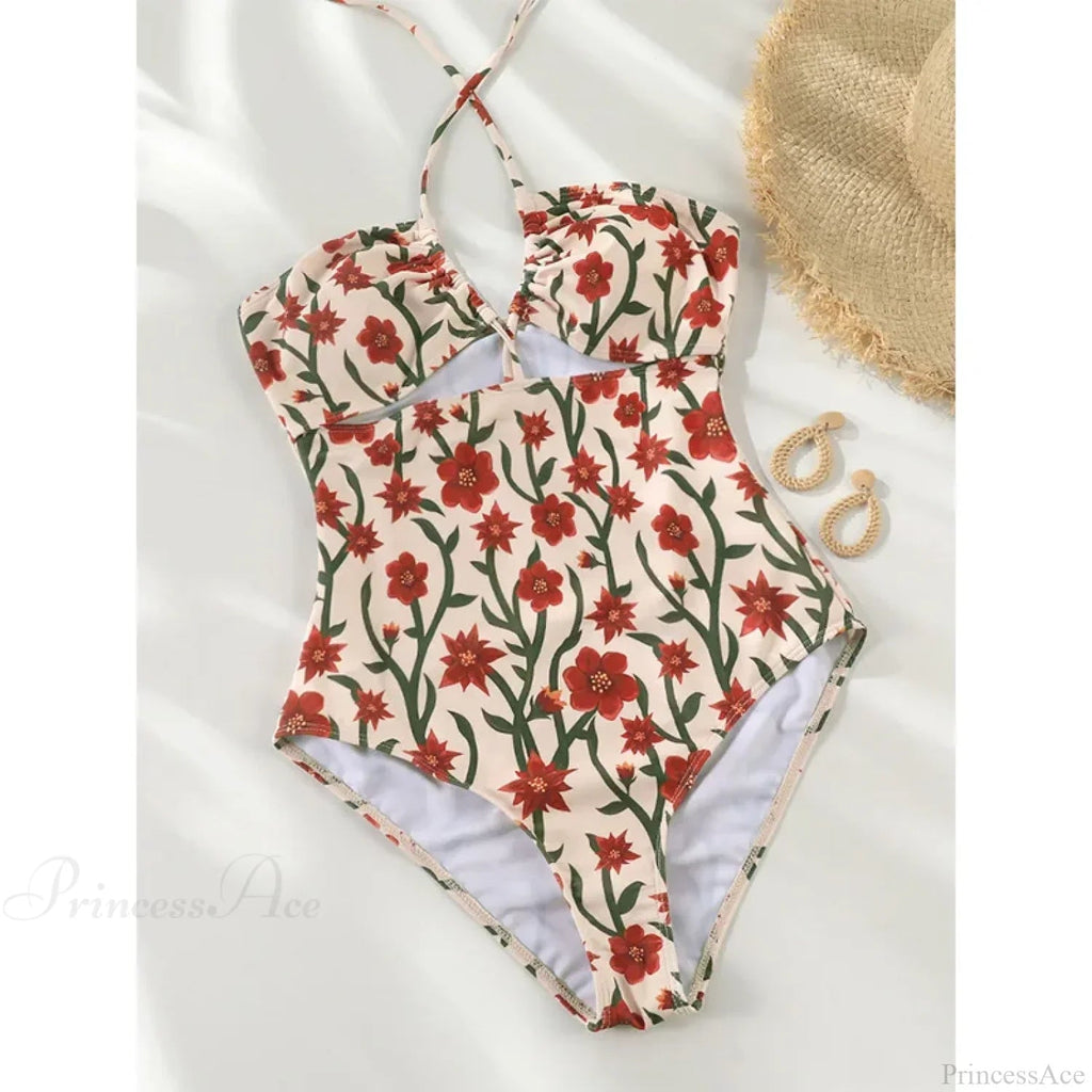 Sexy Halter Print Bandage Swimsuit One Piece