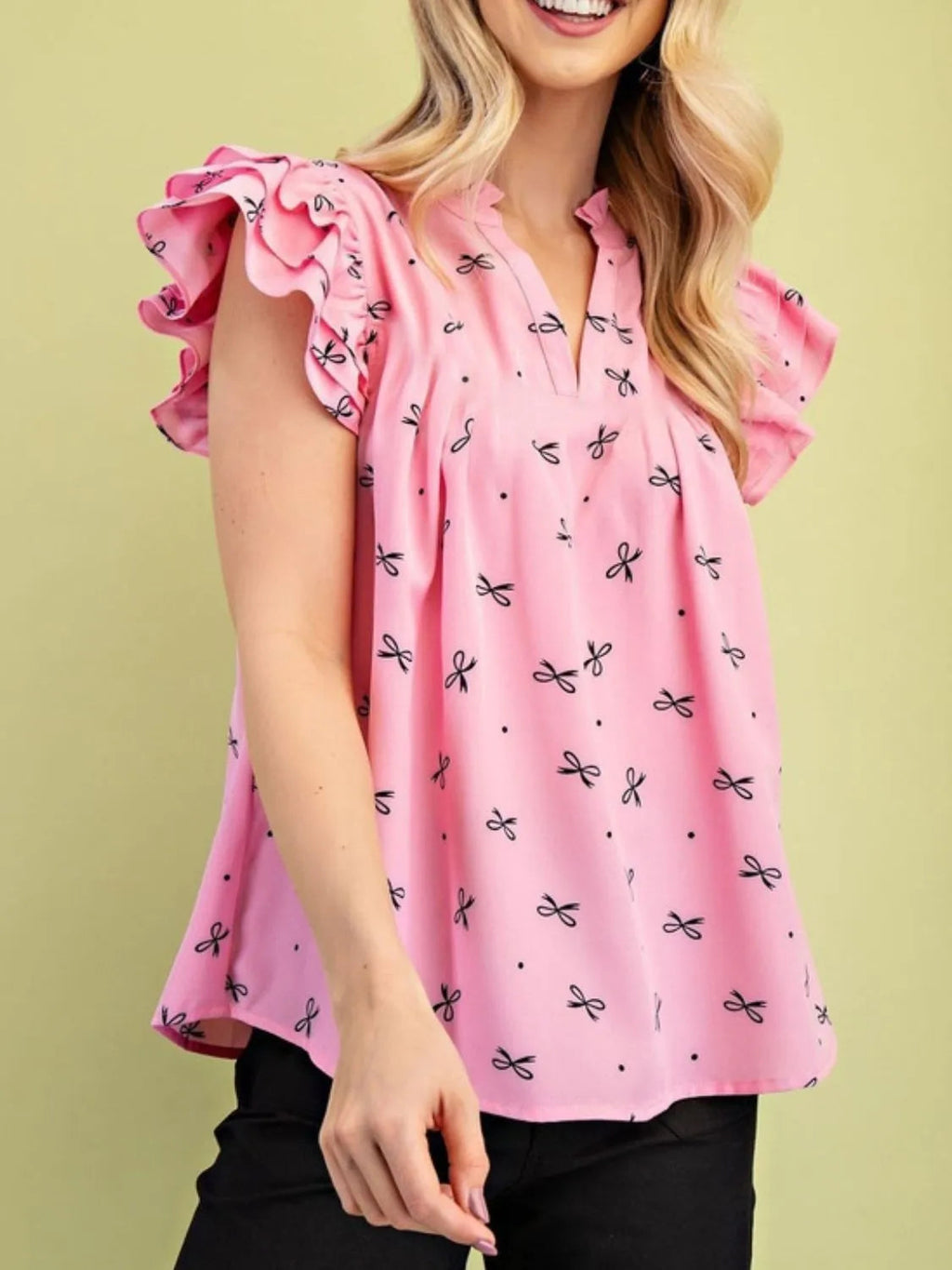 Blouse Ruffled Cap Sleeve Flowy Tunic Bow Print Notched