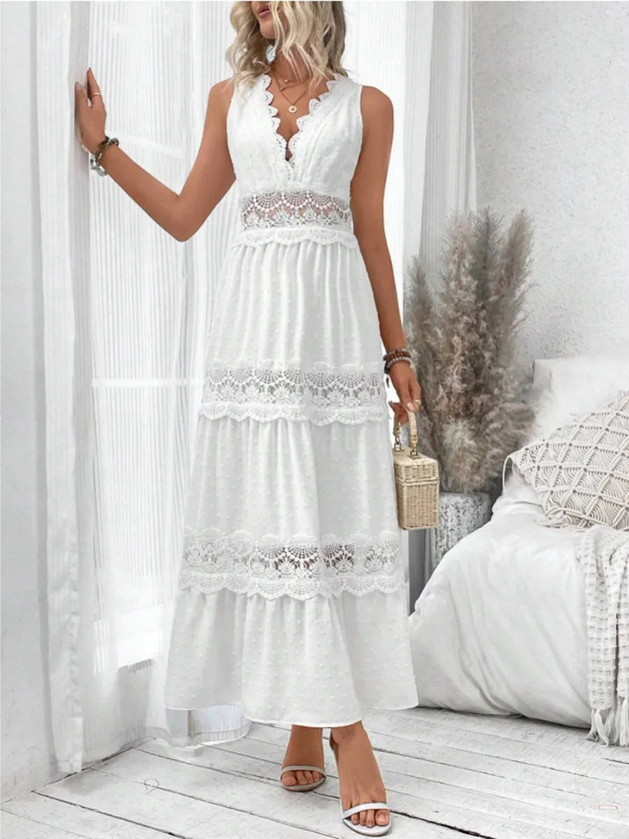 Cotton Blend Lace Solid Color Maxi Dresses