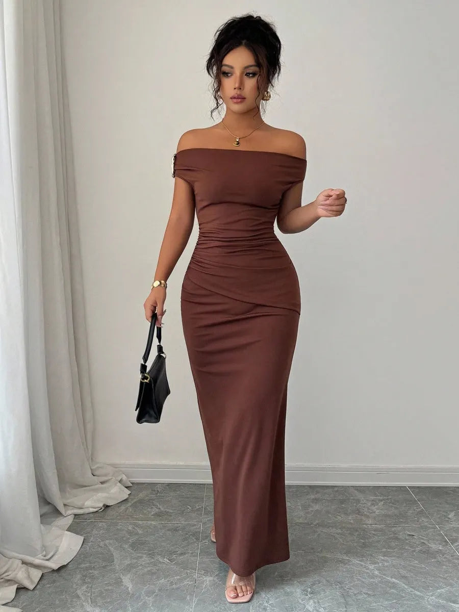 Off-shoulder Off Shoulder Pleated Metal Buckle Maxi Dresses