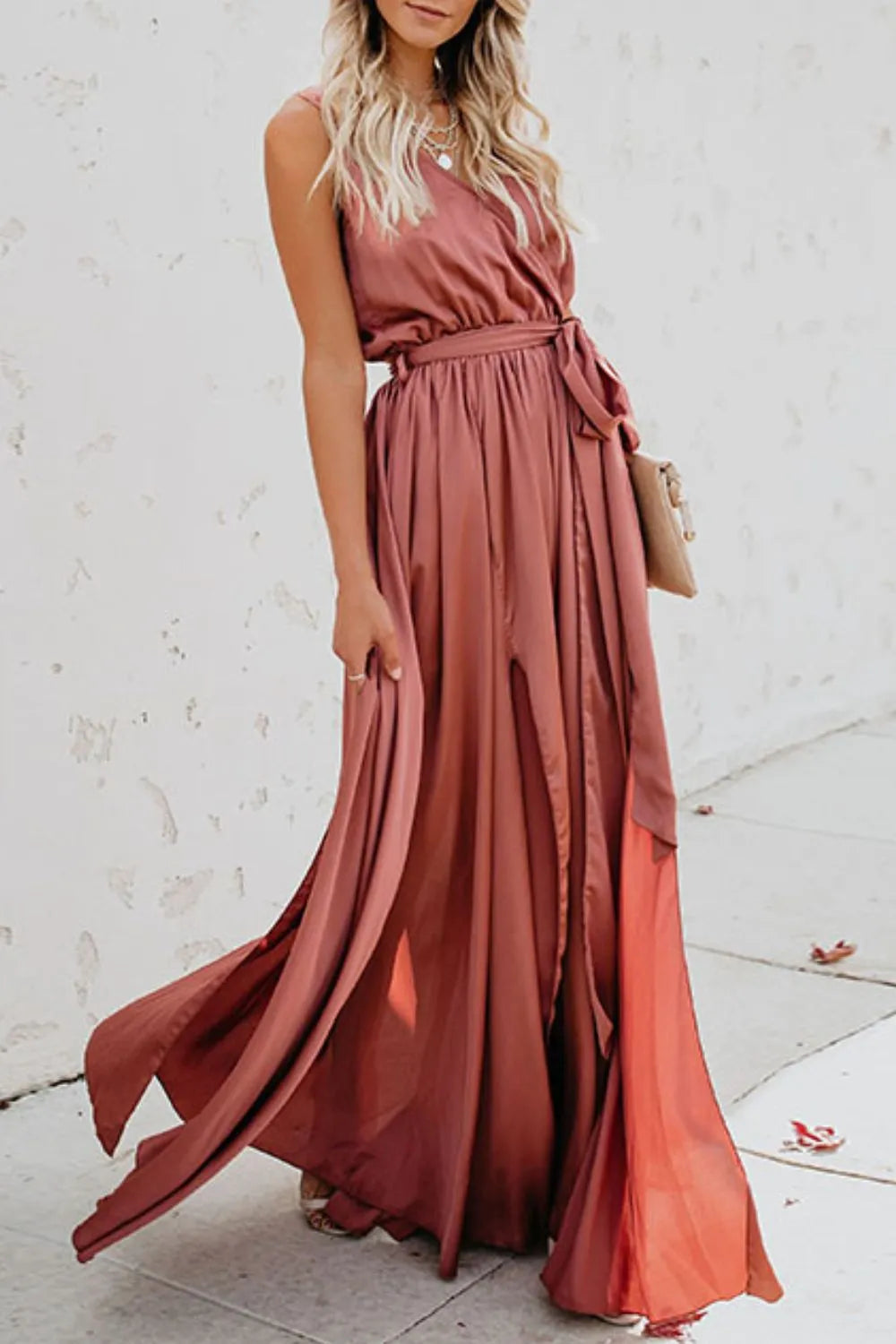 Maxi Dress Surplice Neck Tie Waist Elegant Side Slit Summer