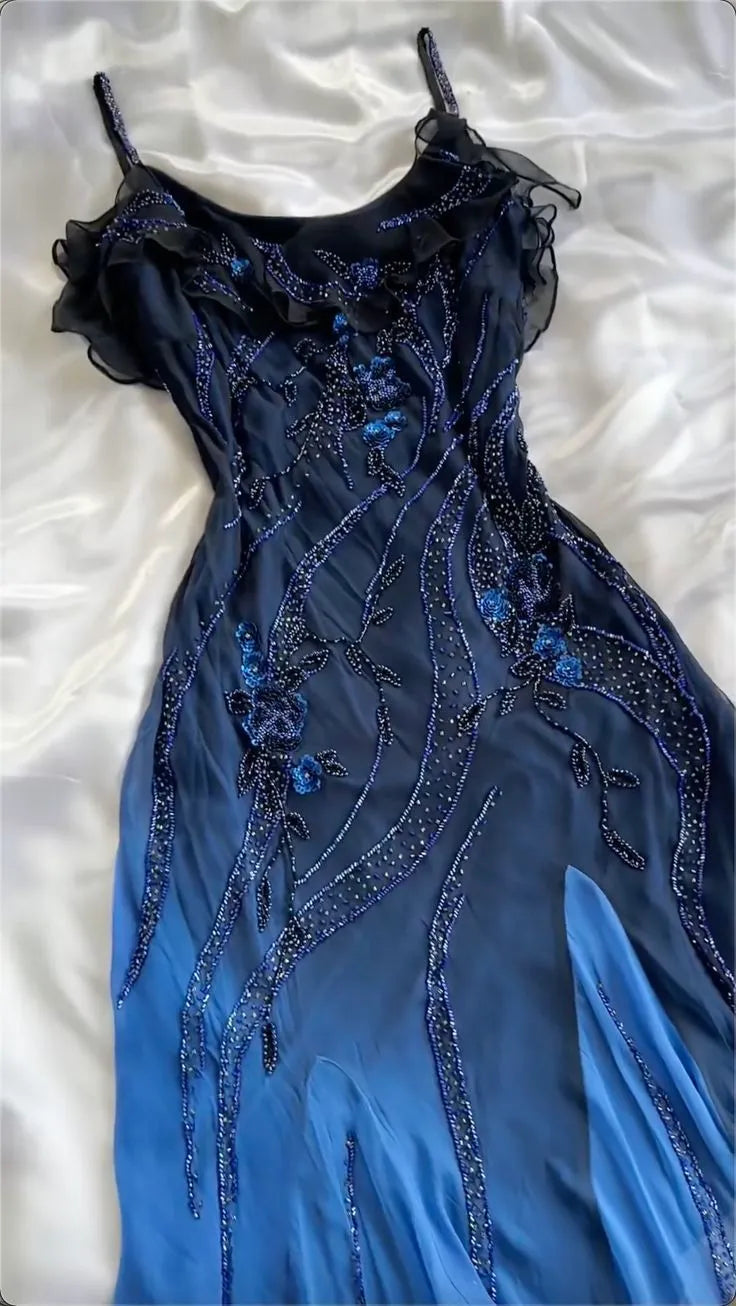 Navy Blue Gorgeous Exquisite Fashion Beaded Charming Long Tulle Elegant Ball Gown Evening Dress Party Dress
