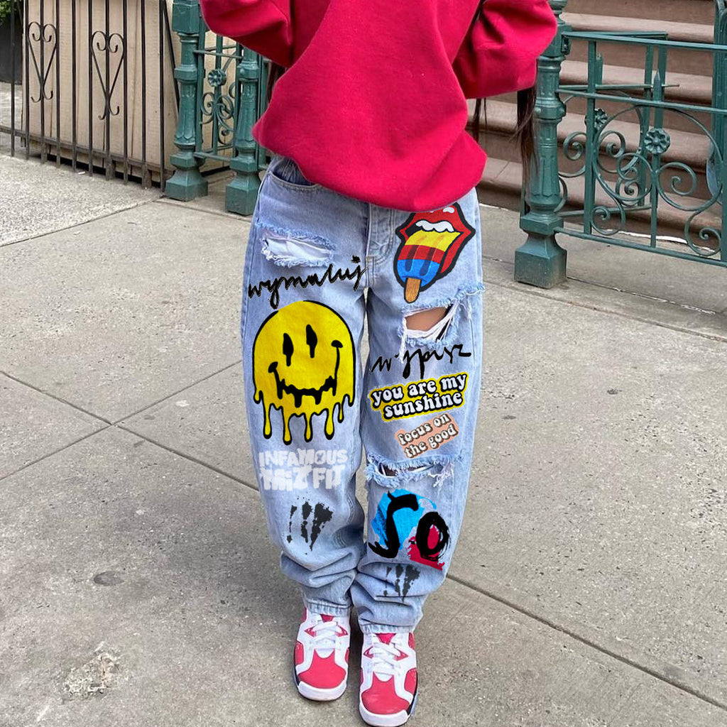 Women Casual Smiley Cartoon Print Ripped Jeans