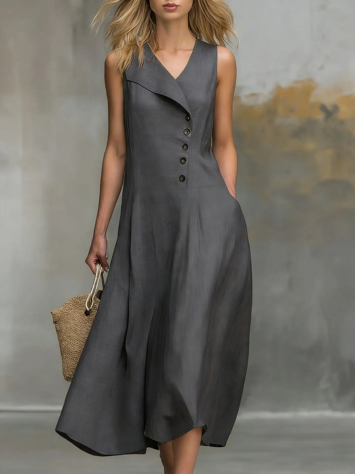 Solid Color Button Midi Dress For Women