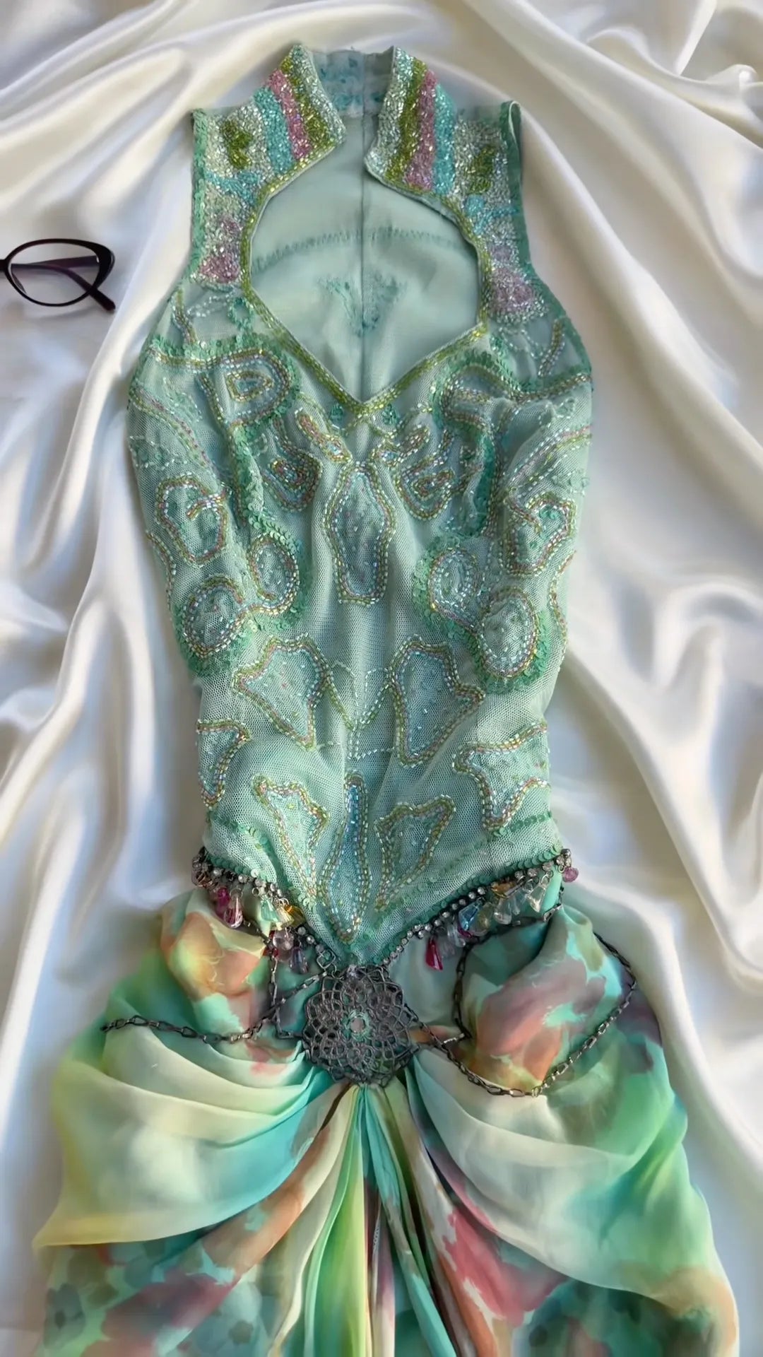 Beaded Floral Print Halter Evening Gown