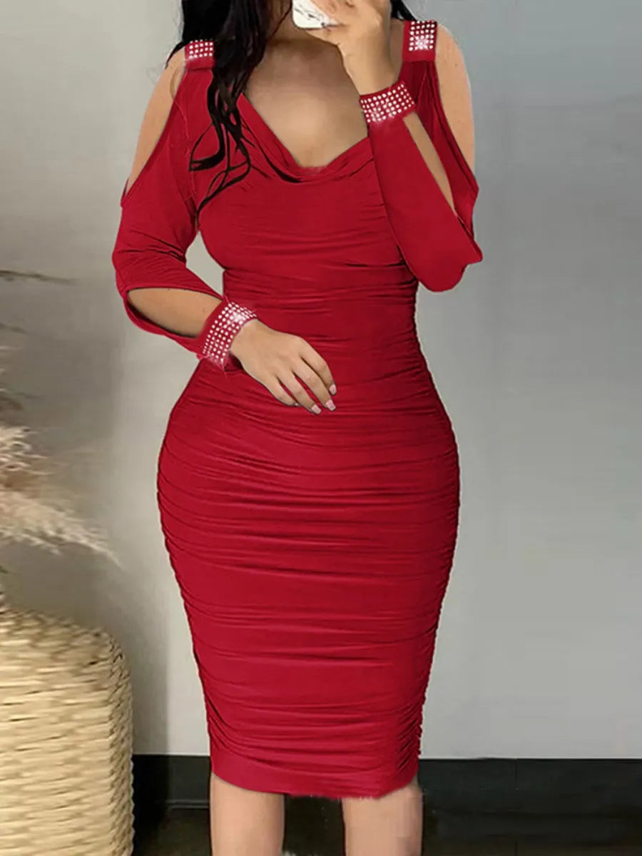 Rhinestone-studded Off-shoulder Hip-hugging Formal Dress Midi Dresses