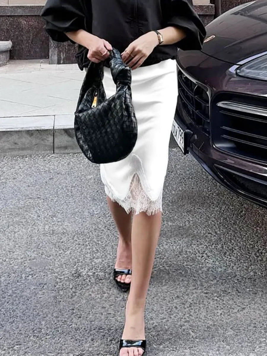 White Lace-trimmed Pencil Skirt