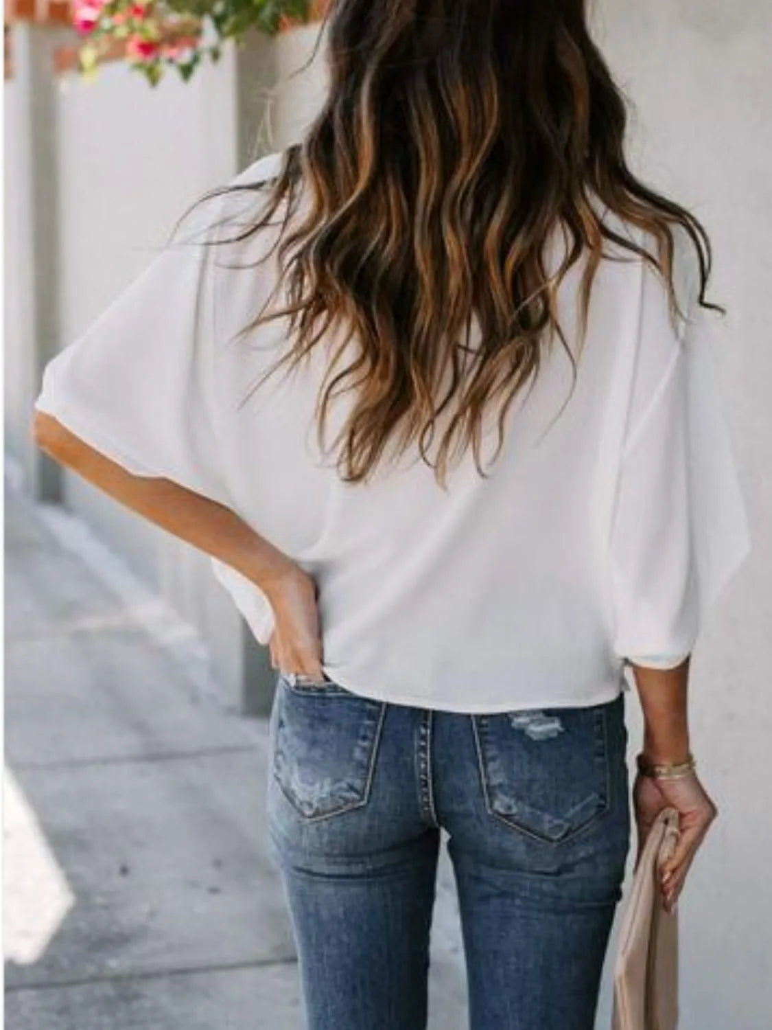 Basic Blouse Top Ruched Chic Draped Neck Casual Boho