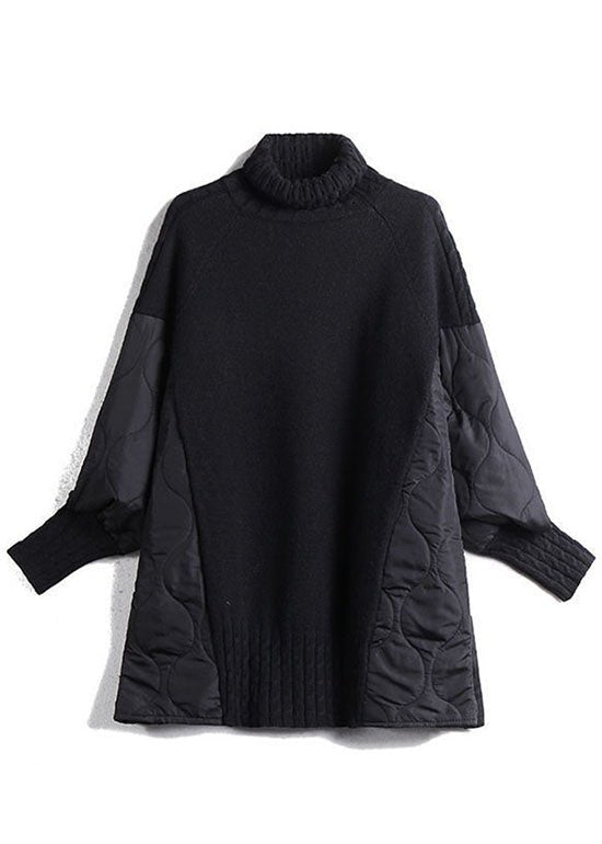 Women's Long Turtleneck Sweater with Quilted Panels and Cable-Knit Cuffs