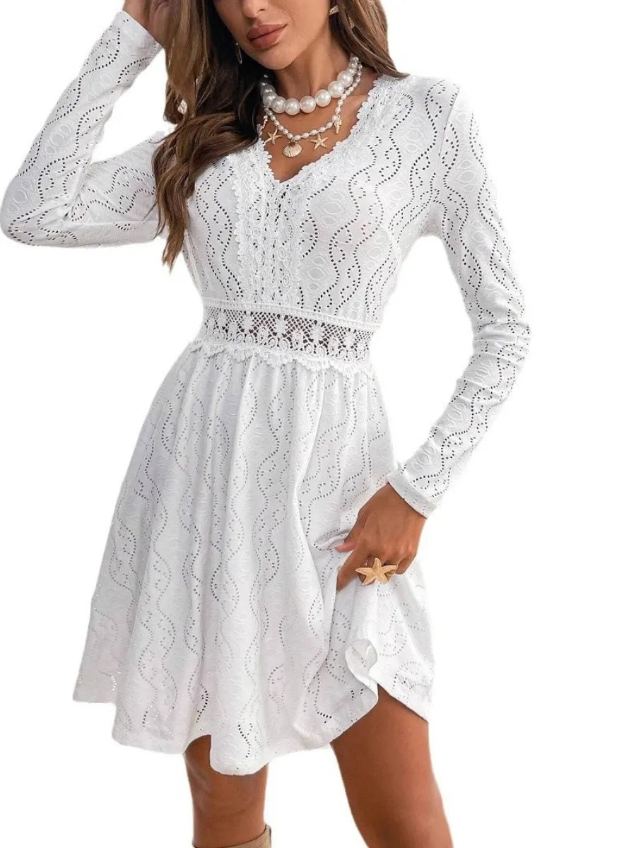 Hollow Lace Splicing Long Sleeve Mini&Short Dresses