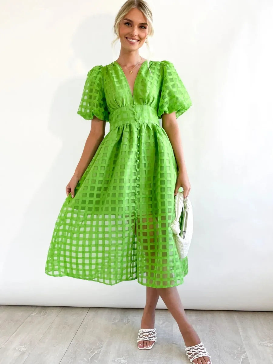 Balloon Sleeve Color Hollow Temperament Midi Dresses