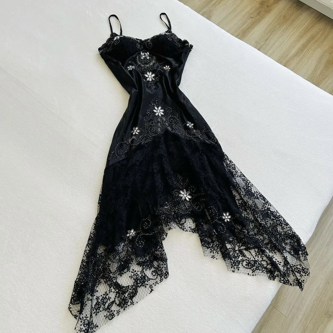 Black fashion vintage elegant exquisite floral beading spaetti straps Long/Short satin lace princess ball gown evening dress party dress prom dress homecoming dress