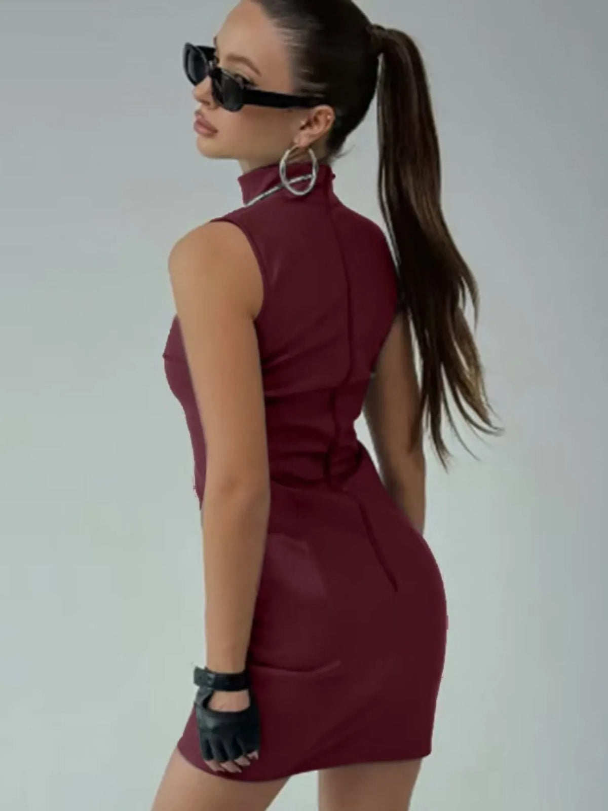PU Leather Mock Neck Pleated Mini&Short Dresses