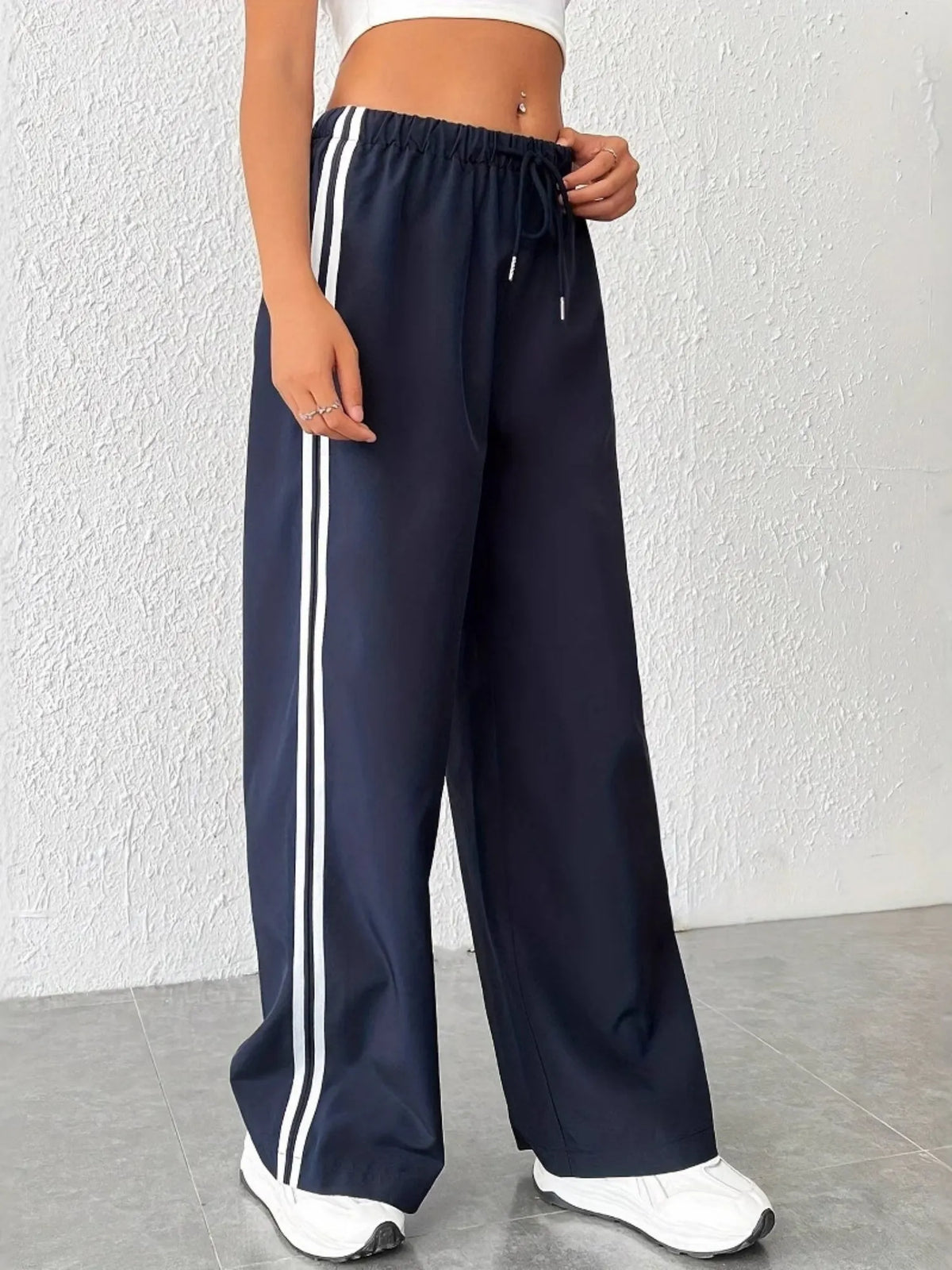 Side Stripes Elastic Waist Drawstring High Waist Casual Straight-leg Sports Trousers
