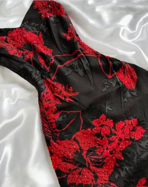 black red floral beaded long chiffon ball gown evening dress elegant chiffon birthday dress party dress