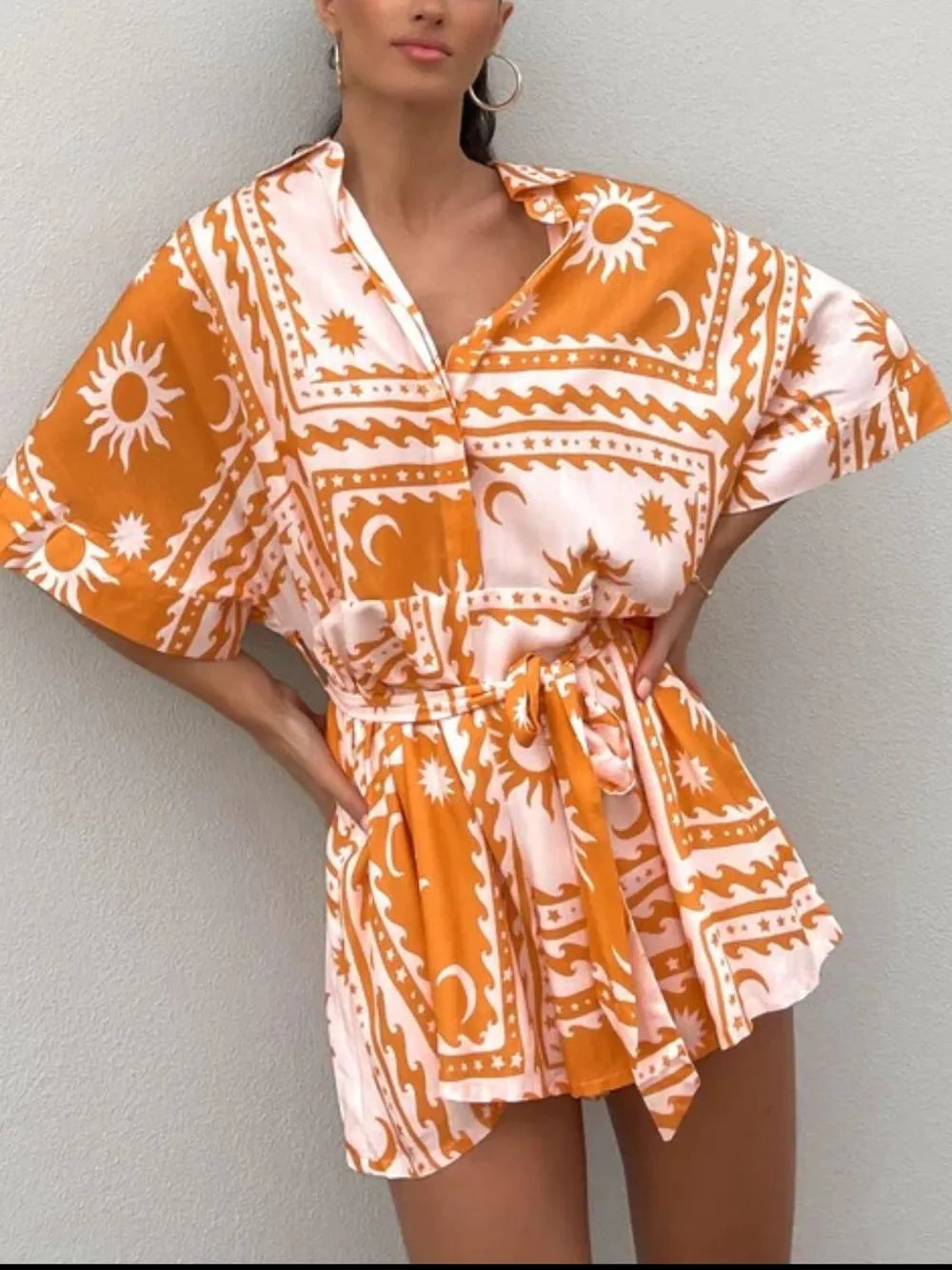 Printed Romper – Tie Waist with Half Sleeves