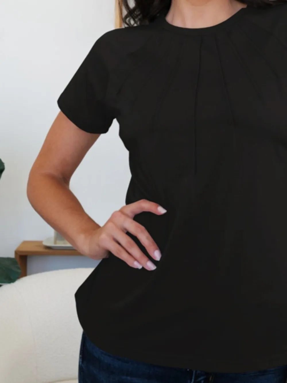 T-Shirt Basic Casual Chic Pleated Slightly Stretchy